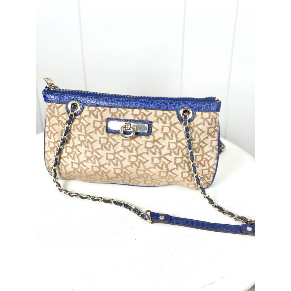 VINTAGE DKNY Jacquard Logo Blue Chain Strap Crossbody Shoulder Bag Purse